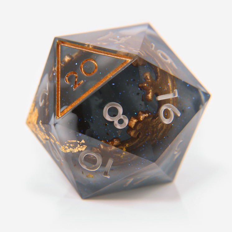 Stormy grey, blue, and gold D20 with a golden crown suspended inside.